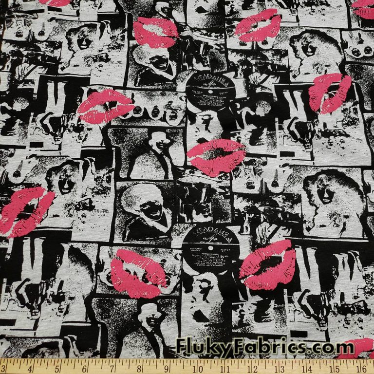 Film Negatives and Lips Gray and Black Fashion Print Cotton Jersey Lycra Fabric