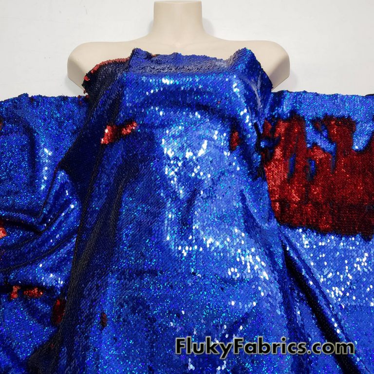 Red/Royal Hologram Flip Up Sequins on Spandex Fabric 54″ Wide