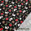 Small Dogs, Apples, Flowers and Hearts on a Black Background Cotton Spandex Fabric