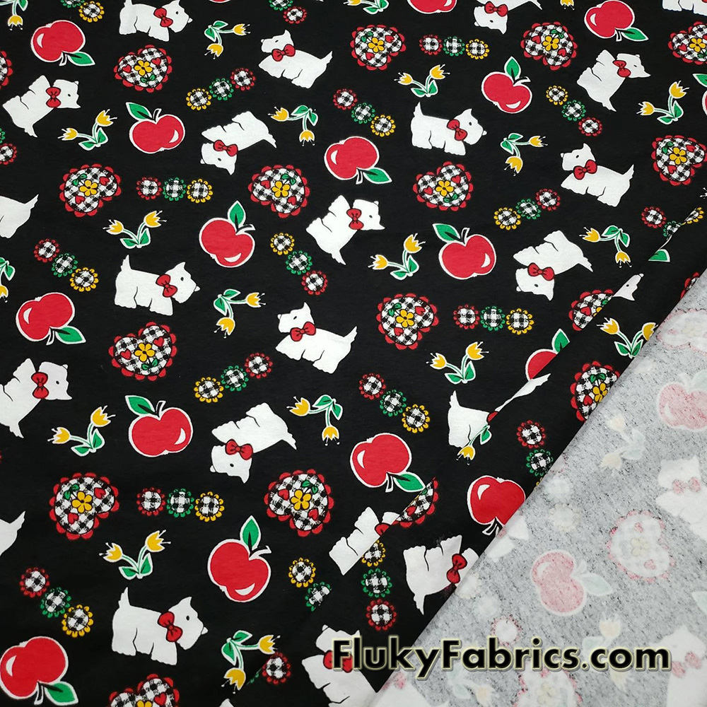 Small Dogs, Apples, Flowers and Hearts on a Black Background Cotton Spandex Fabric