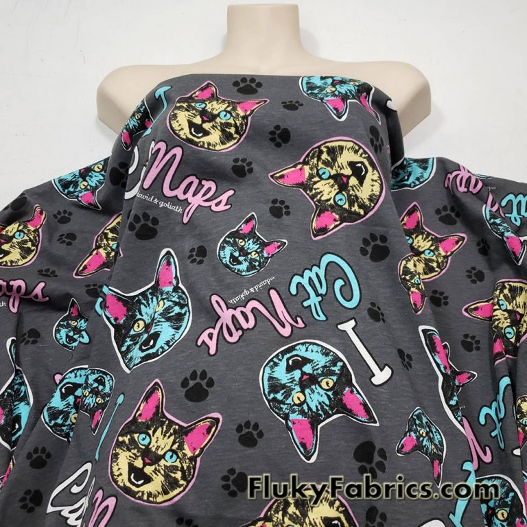 Cat Faces and Paws Cotton Jersey “I Cat Naps” Print Knit Fabric