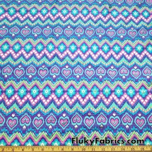 Bright Colors Zig-Zag, Hearts and Daisies with Silver Lurex Accents Nylon Spandex Fabric at FlukyFabrics.com
