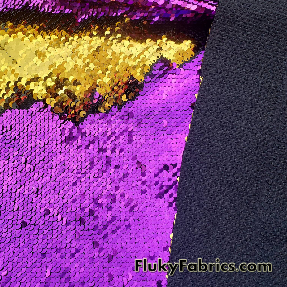 Magenta/Gold 5mm Shiny Flip Up Sequins on Black Spandex Fabric 54″ Wide