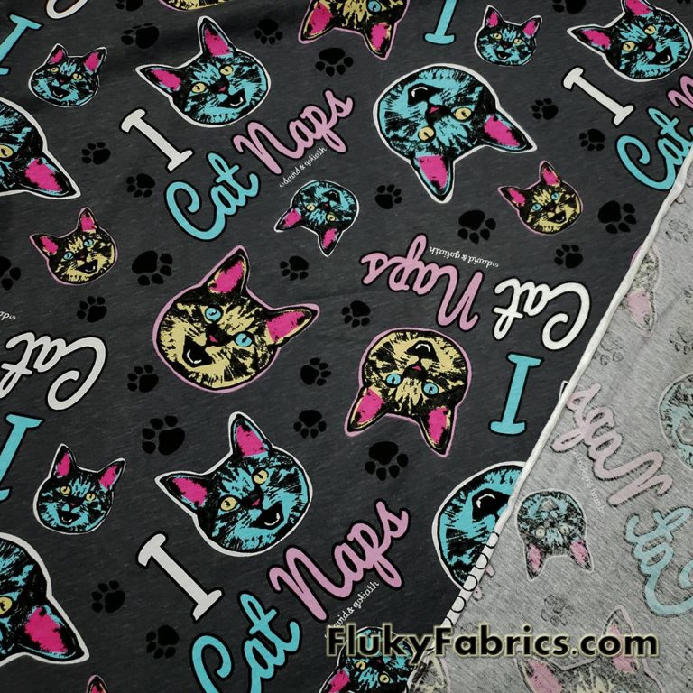 Cat Faces and Paws Cotton Jersey “I Cat Naps” Print Knit Fabric