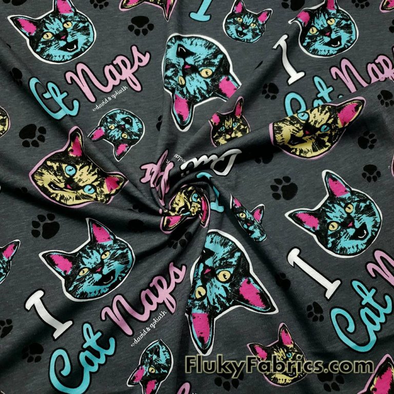 Cat Faces and Paws Cotton Jersey “I Cat Naps” Print Knit Fabric