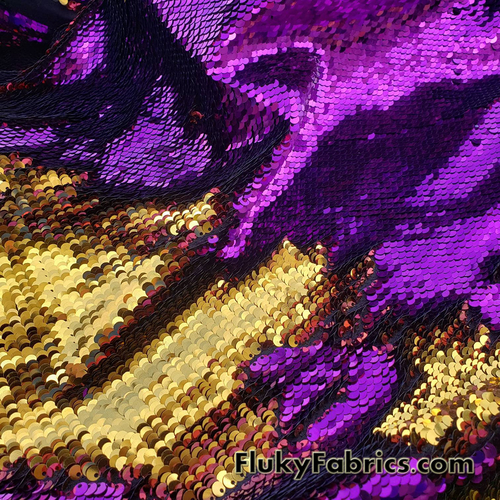 Magenta/Gold 5mm Shiny Flip Up Sequins on Black Spandex Fabric 54″ Wide