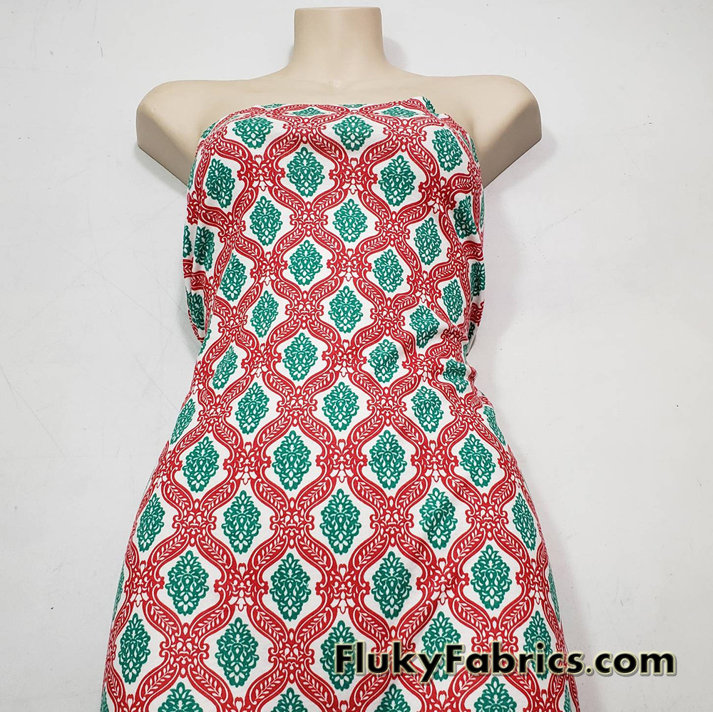 Christmas Pattern Red, Green and White Print Cotton Rib Fabric