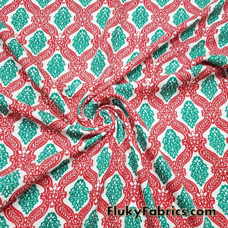 Christmas Pattern Red, Green and White Print Cotton Rib Fabric