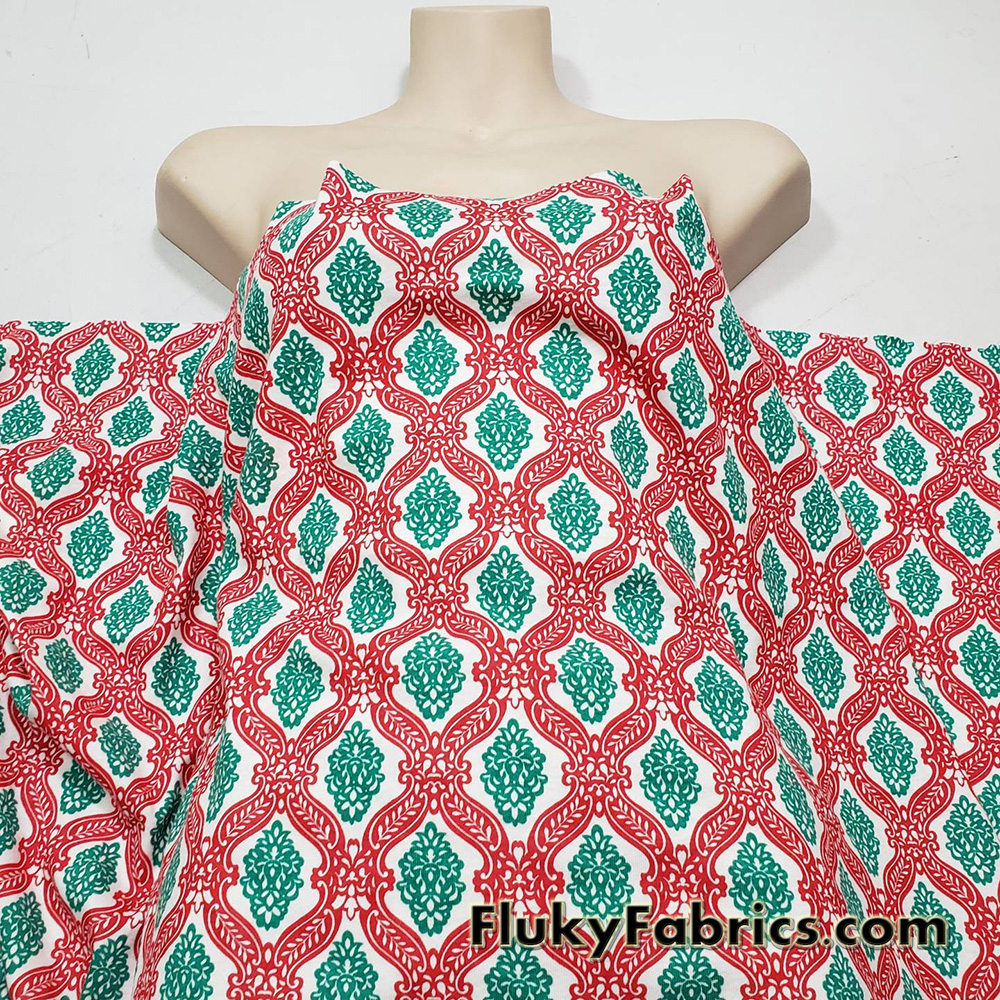 Christmas Pattern Red, Green and White Print Cotton Rib Fabric