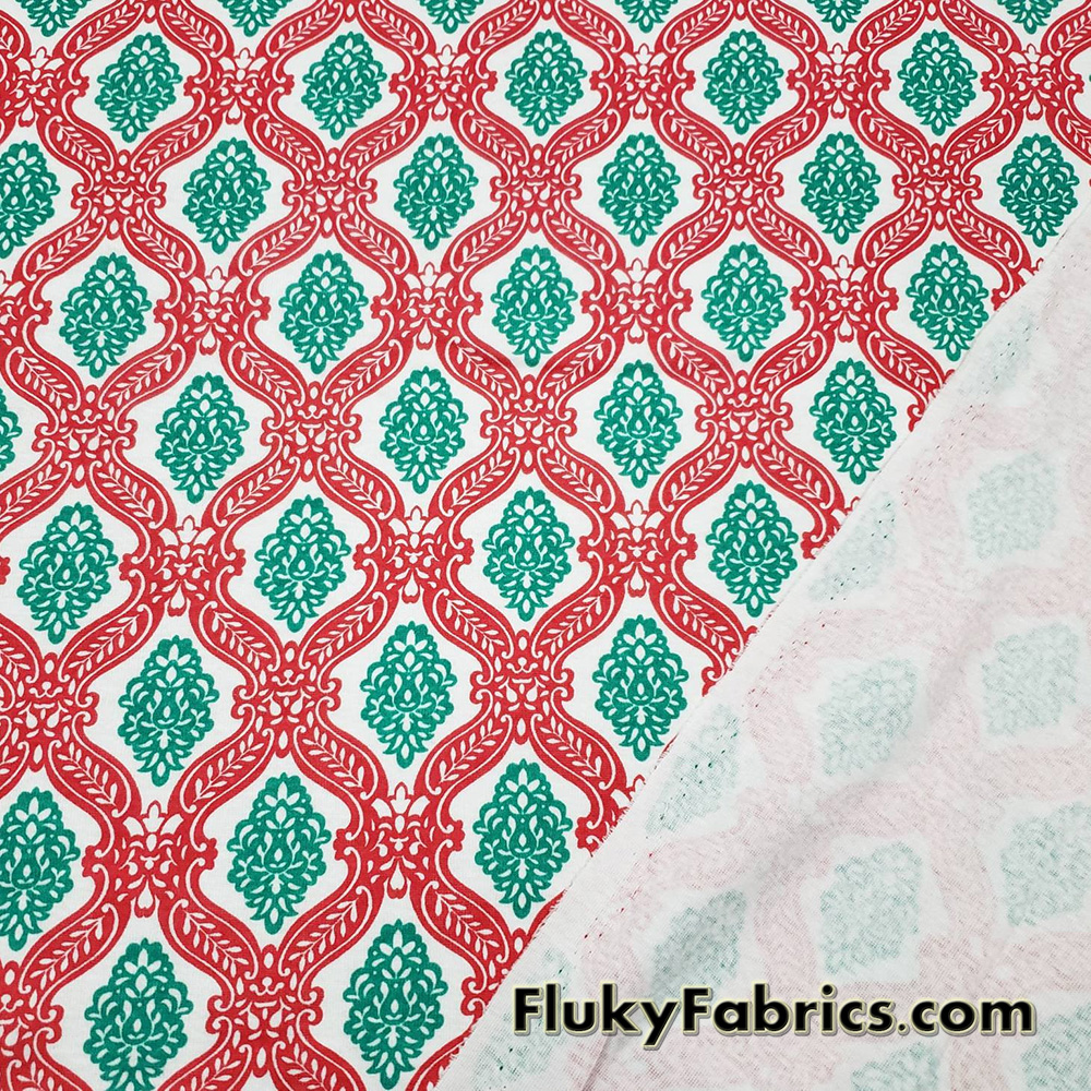 Christmas Pattern Red, Green and White Print Cotton Rib Fabric