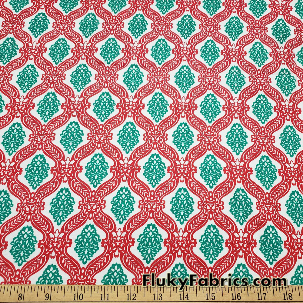 Christmas Pattern Red, Green and White Print Cotton Rib Fabric