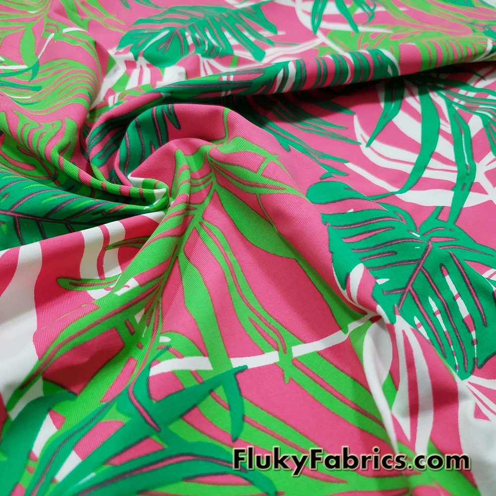 Tropical Leaves Print on Hot Pink Swimsuit Nylon Spandex Fabric by The ...