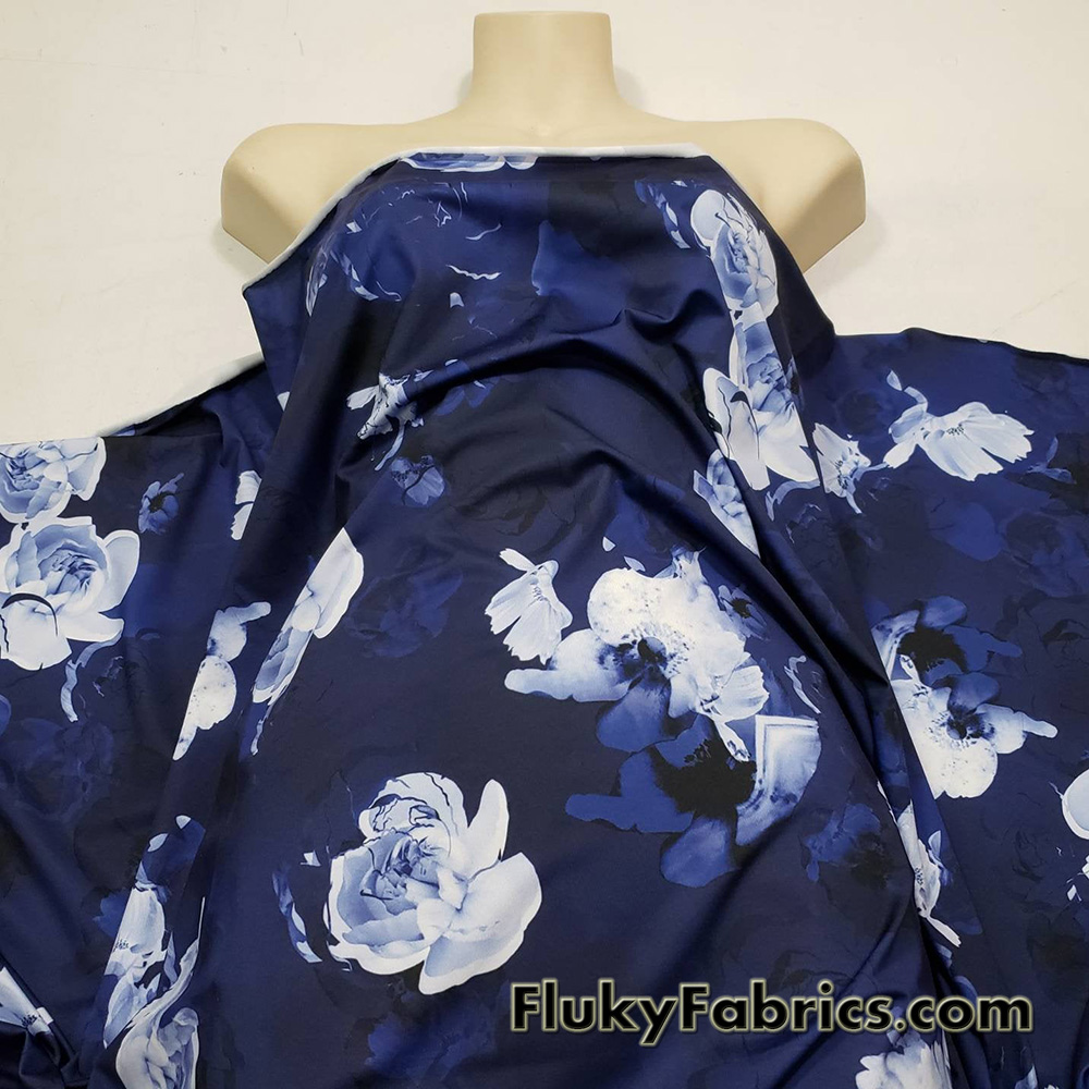 Shades of Blue Ghostly Flowers Lightweight Nylon Spandex Fabric