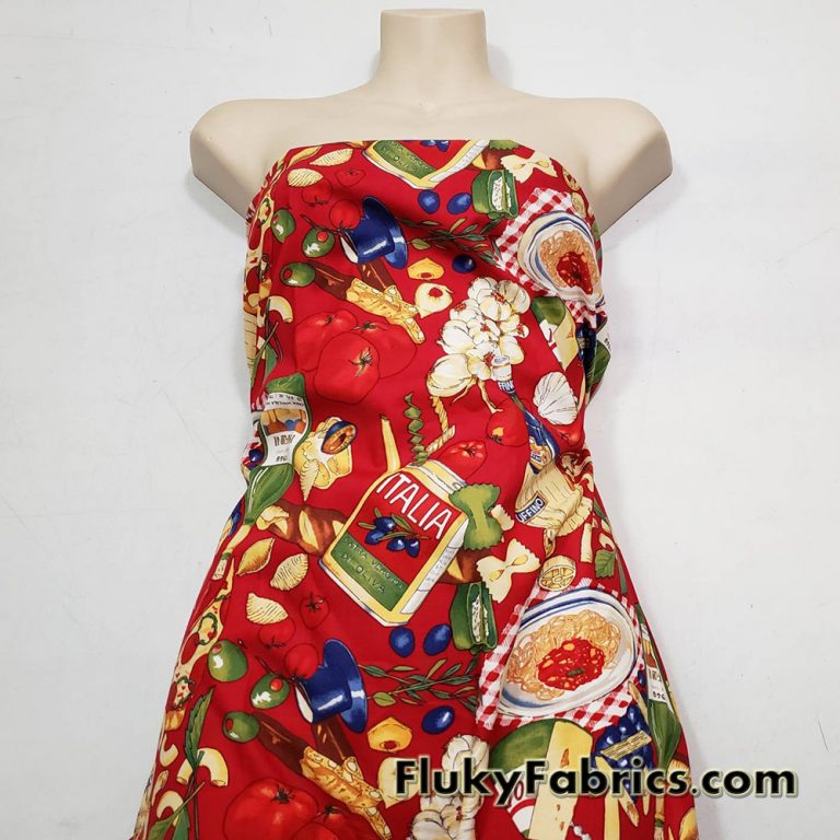 Italian Foods Print on Red Cotton Woven Apparel Fabric