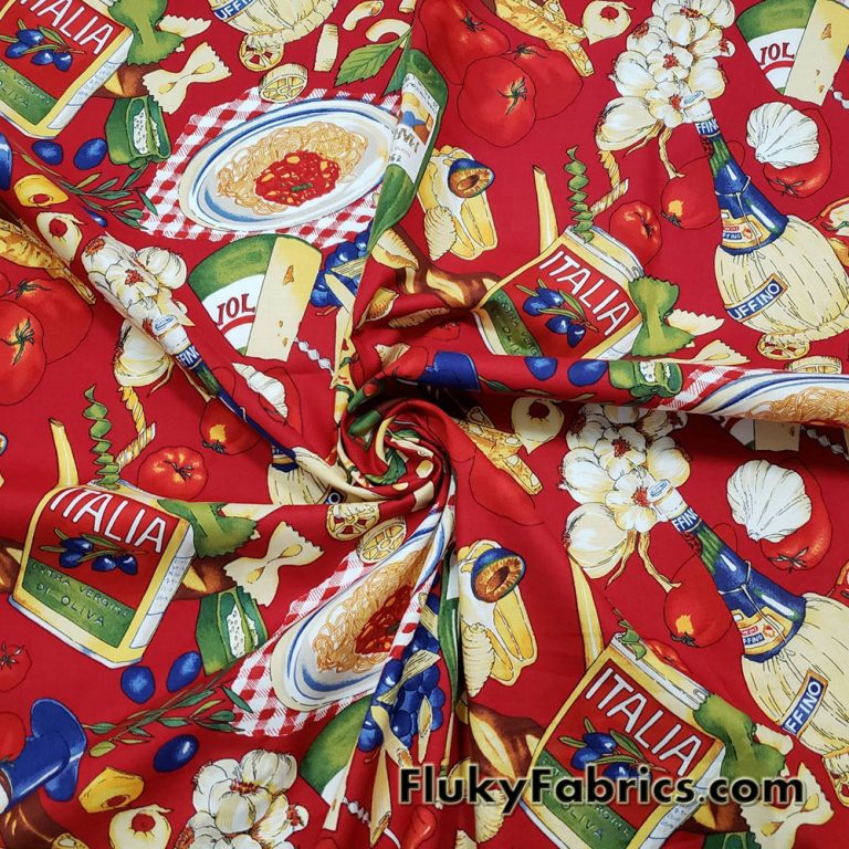 Italian Foods Print on Red Cotton Woven Apparel Fabric
