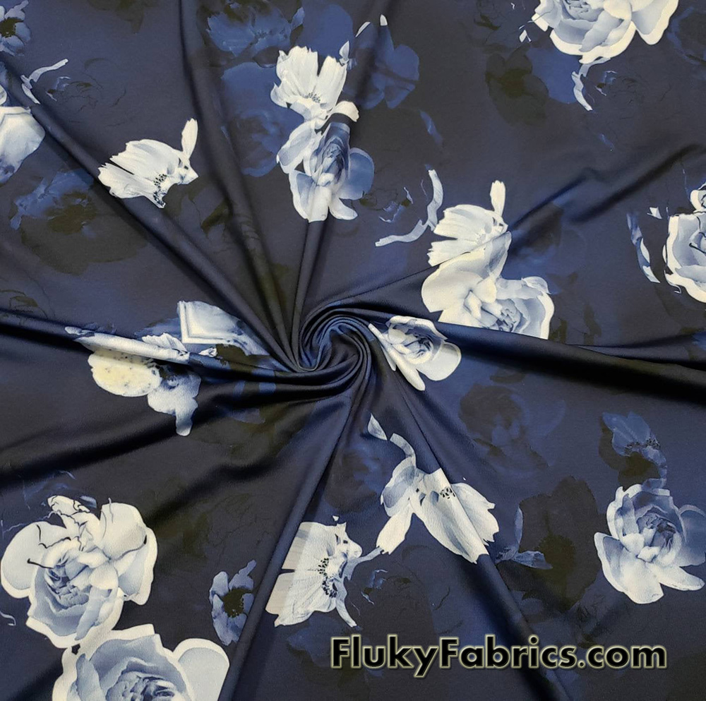 Shades of Blue Ghostly Flowers Lightweight Nylon Spandex Fabric