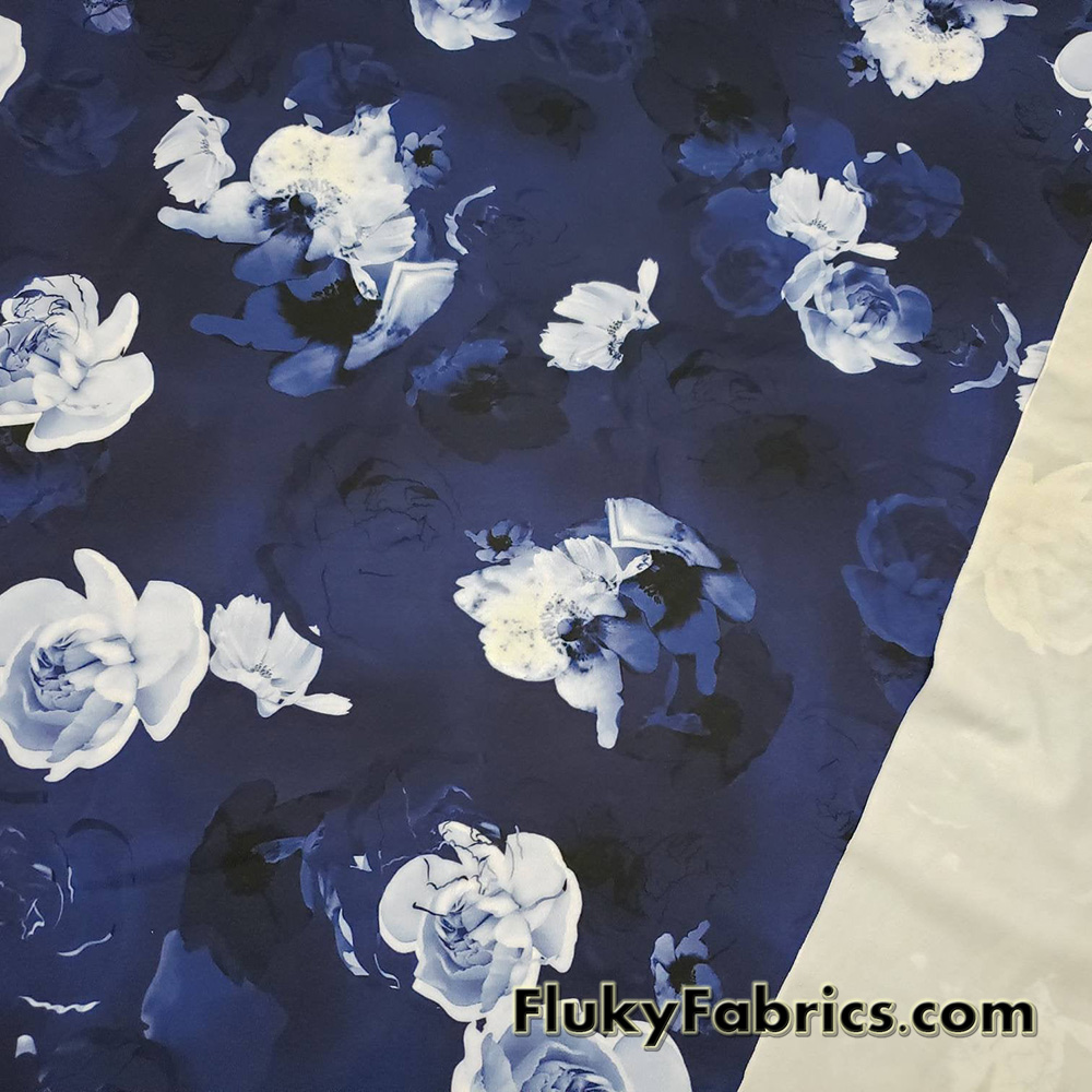 Shades of Blue Ghostly Flowers Lightweight Nylon Spandex Fabric