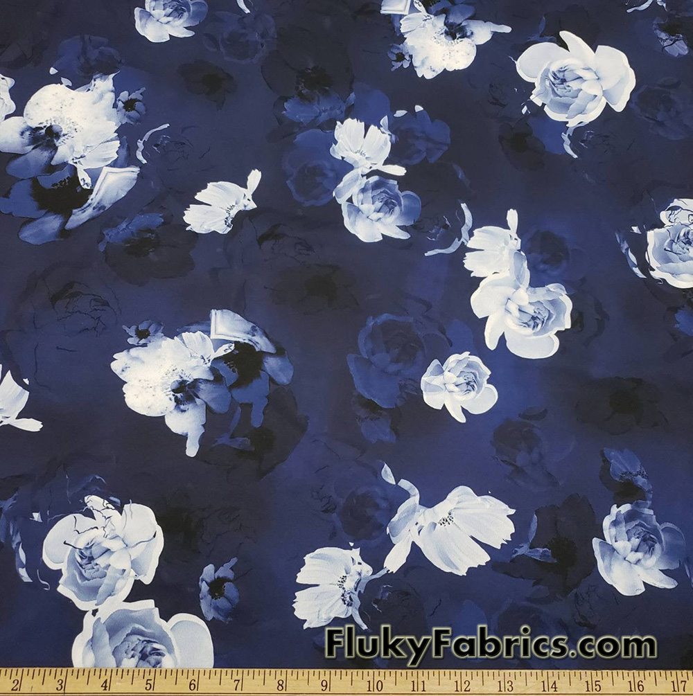 Shades of Blue Ghostly Flowers Lightweight Nylon Spandex Fabric