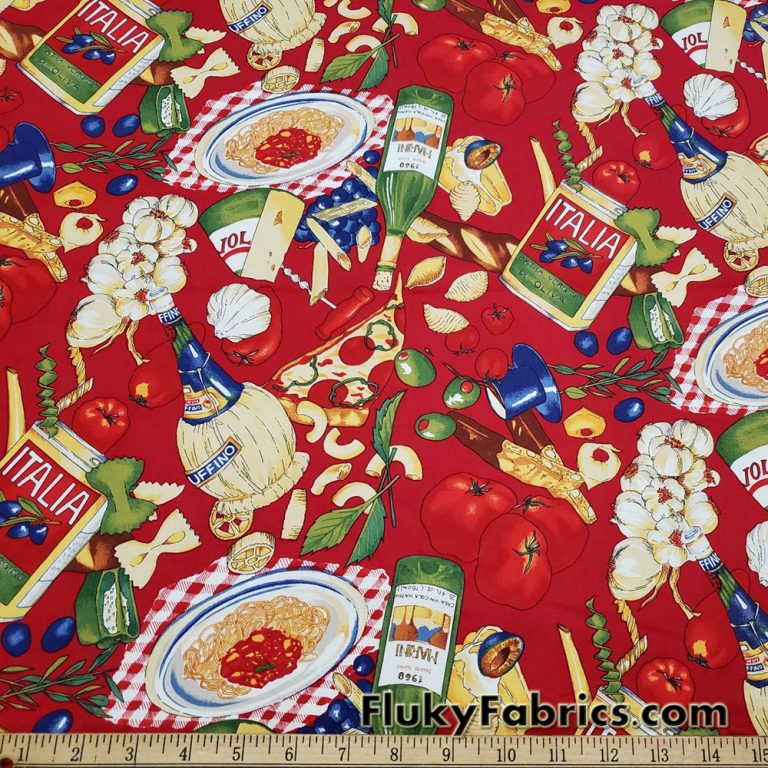 Italian Foods Print on Red Cotton Woven Apparel Fabric