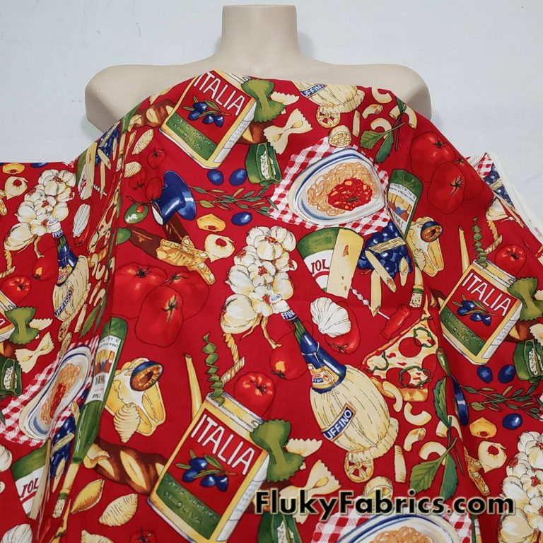 Italian Foods Print on Red Cotton Woven Apparel Fabric