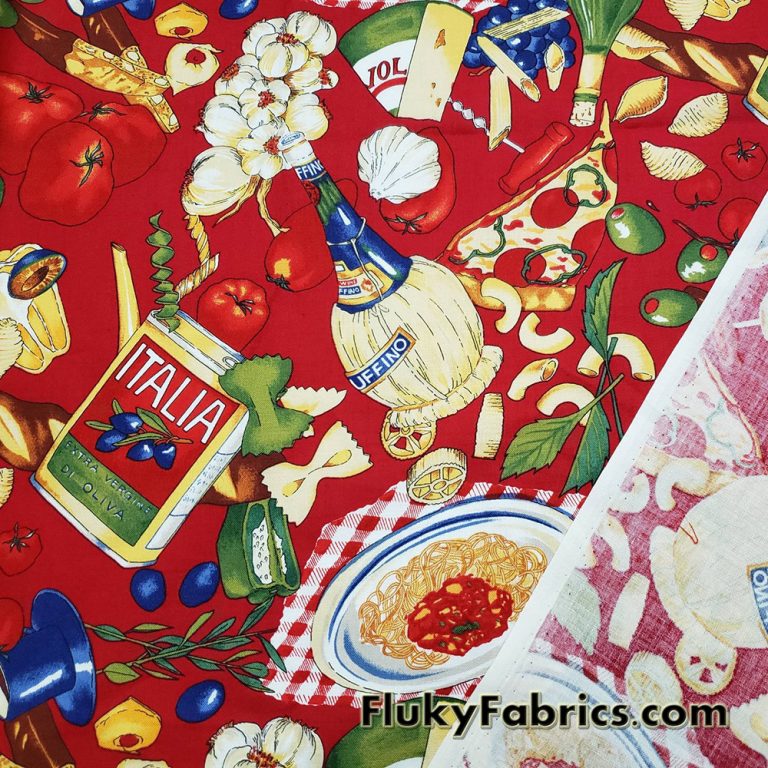 Italian Foods Print on Red Cotton Woven Apparel Fabric