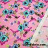 Aqua and Blue Flowers with Palm Trees on Pink Nylon Spandex Swimsuit Fabric