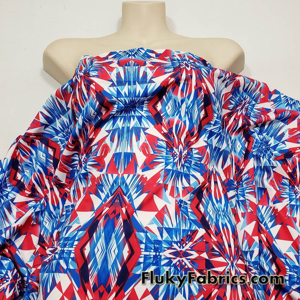 Fractal Crystals in Patriotic Colors Print Poly Spandex Fabric
