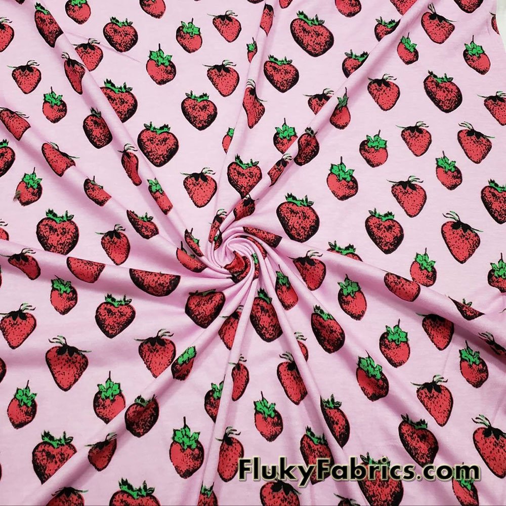 Strawberries on Light Orchid Pink Lightweight Poly Rayon Jersey Fabric