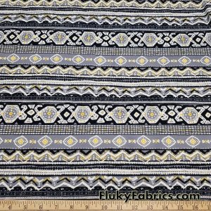 Black, Yellow, Gray and White Tribal Print Cotton Spandex Fabric at FlukyFabrics.com