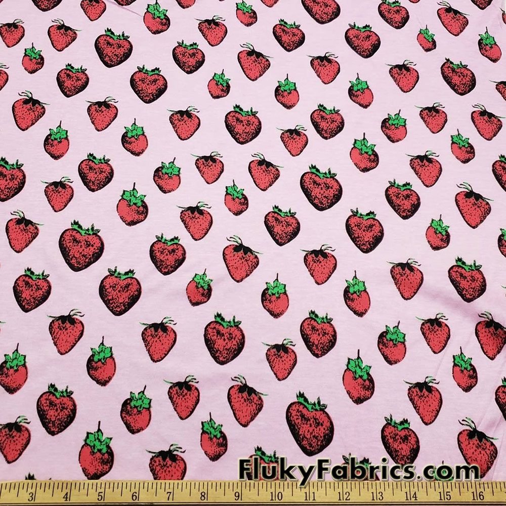 Strawberries on Light Orchid Pink Lightweight Poly Rayon Jersey Fabric