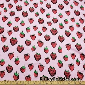 Strawberries on Light Orchid Pink Lightweight Poly Rayon Jersey Fabric at FlukyFabrics.com