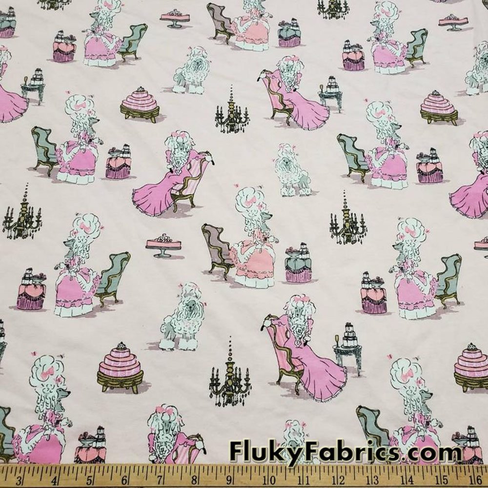 Fancy Fashion French Poodles on Light Pink Cotton Spandex Fabric