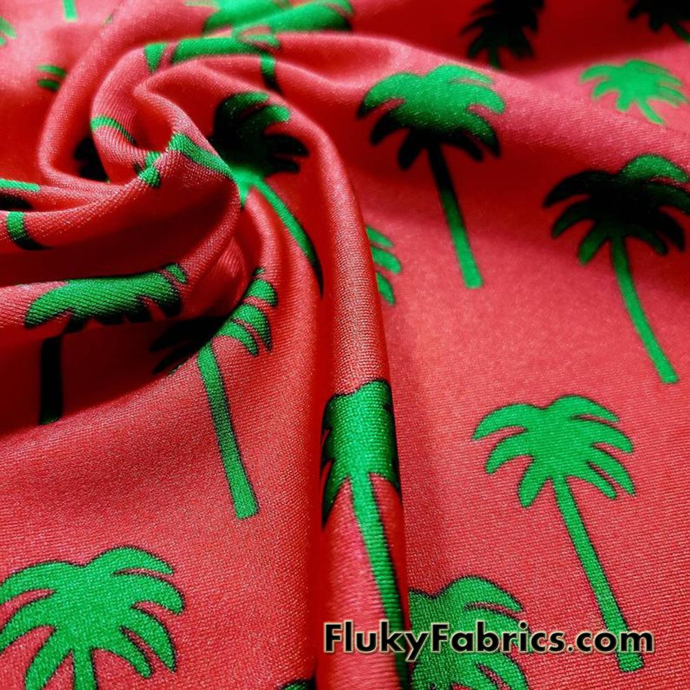 Green Palm Trees Silhouettes Print on Red Nylon Spandex swimsuit Fabric Cuts Measuring 32″x60″
