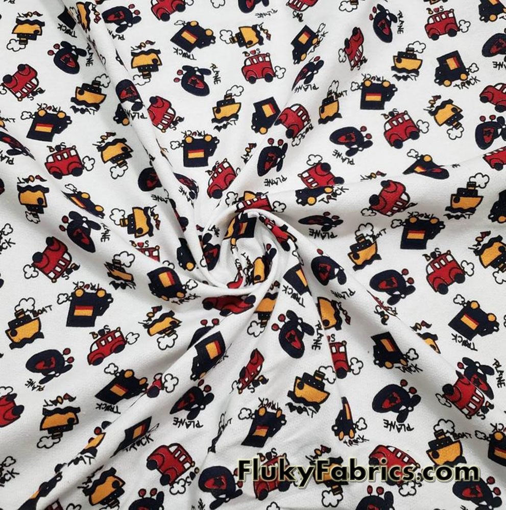 Cute Trucks, Boats, Trains and Planes Print French Terry 100% Cotton Fabric