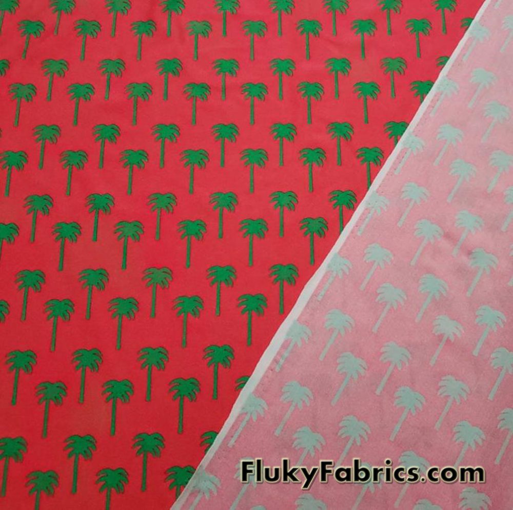 Green Palm Trees Silhouettes Print on Red Nylon Spandex swimsuit Fabric Cuts Measuring 32″x60″