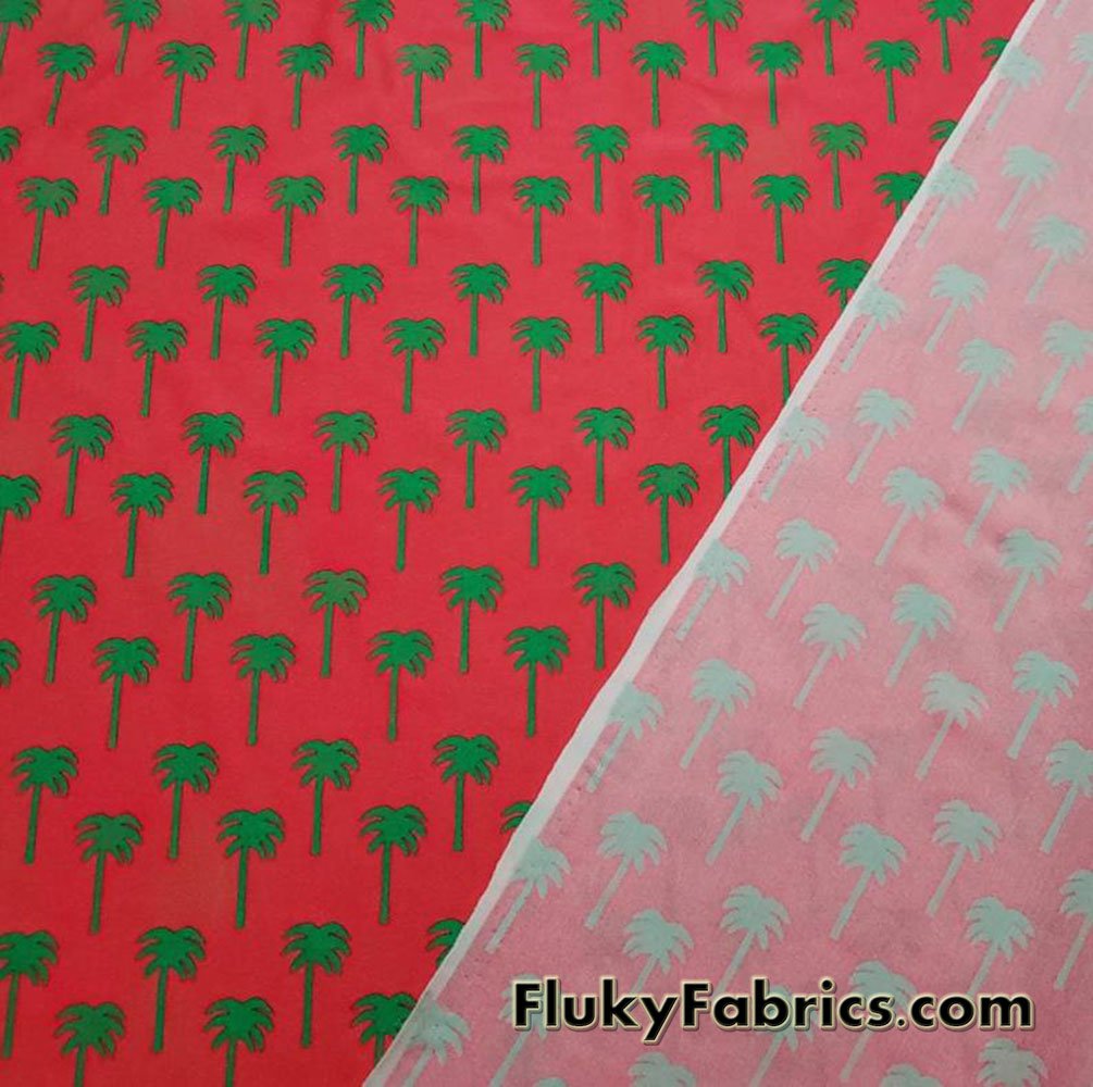 Green Palm Trees Silhouettes Print on Red Nylon Spandex swimsuit Fabric ...