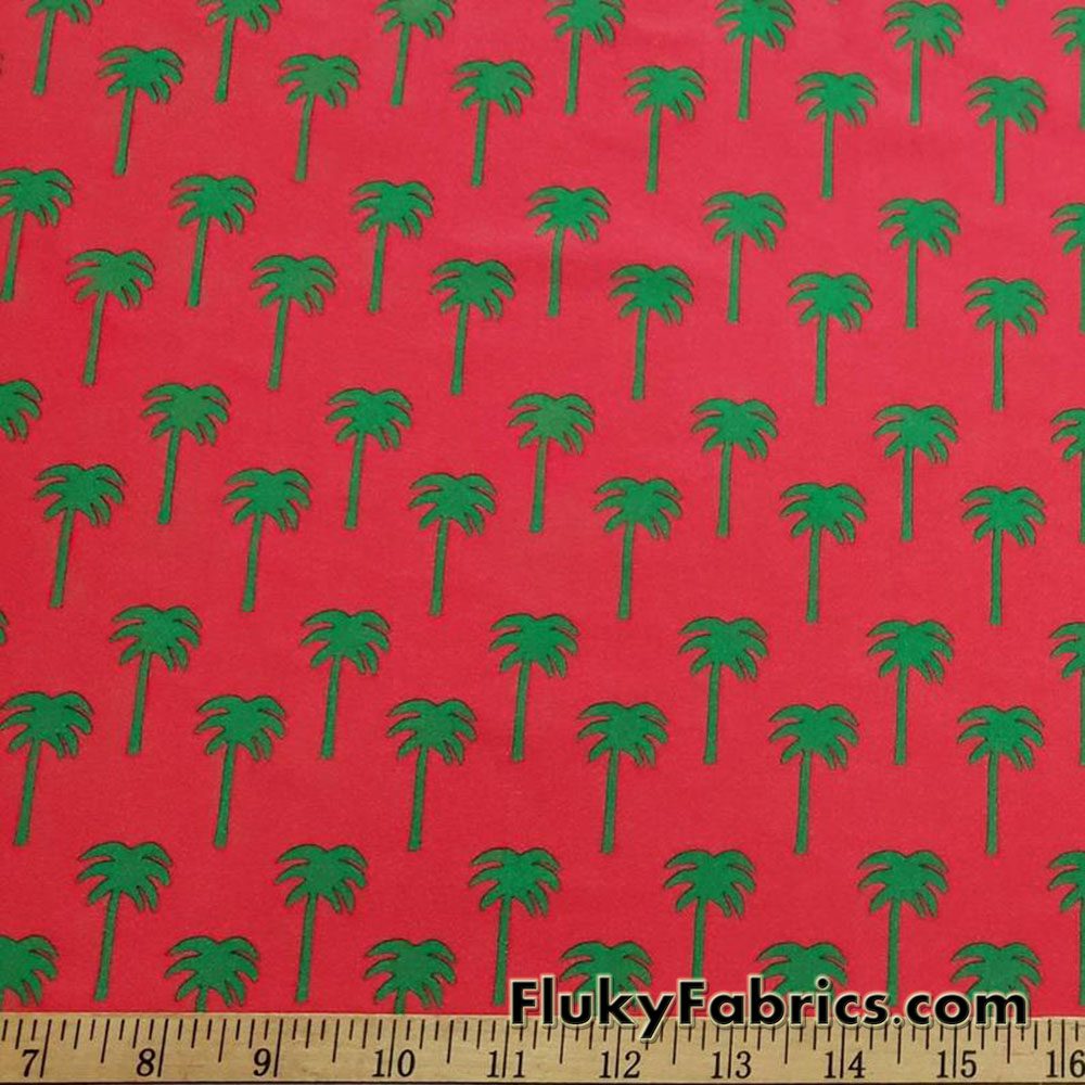 Green Palm Trees Silhouettes Print on Red Nylon Spandex swimsuit Fabric Cuts Measuring 32″x60″