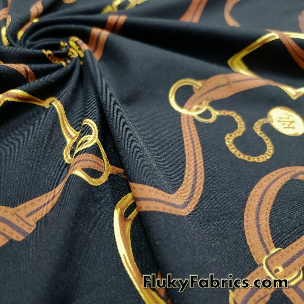 High Fashion Inspired Print on Black Lightweight Nylon Spandex Fabric
