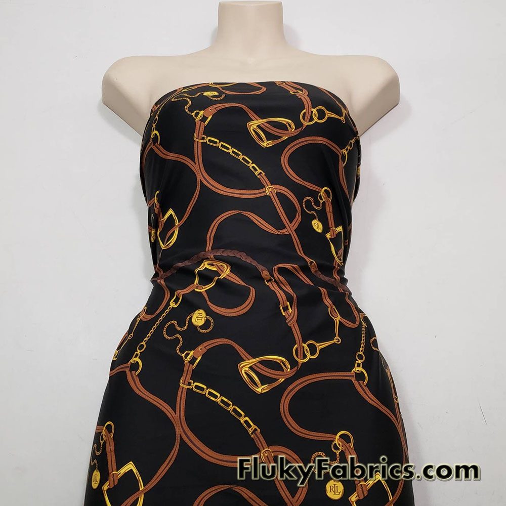 High Fashion Inspired Print on Black Lightweight Nylon Spandex Fabric