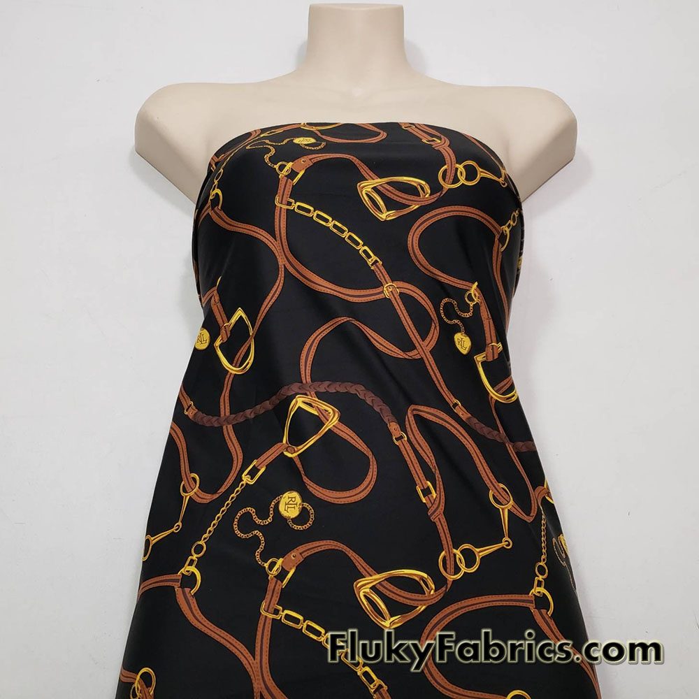 High Fashion Inspired Print on Black Lightweight Nylon Spandex Fabric