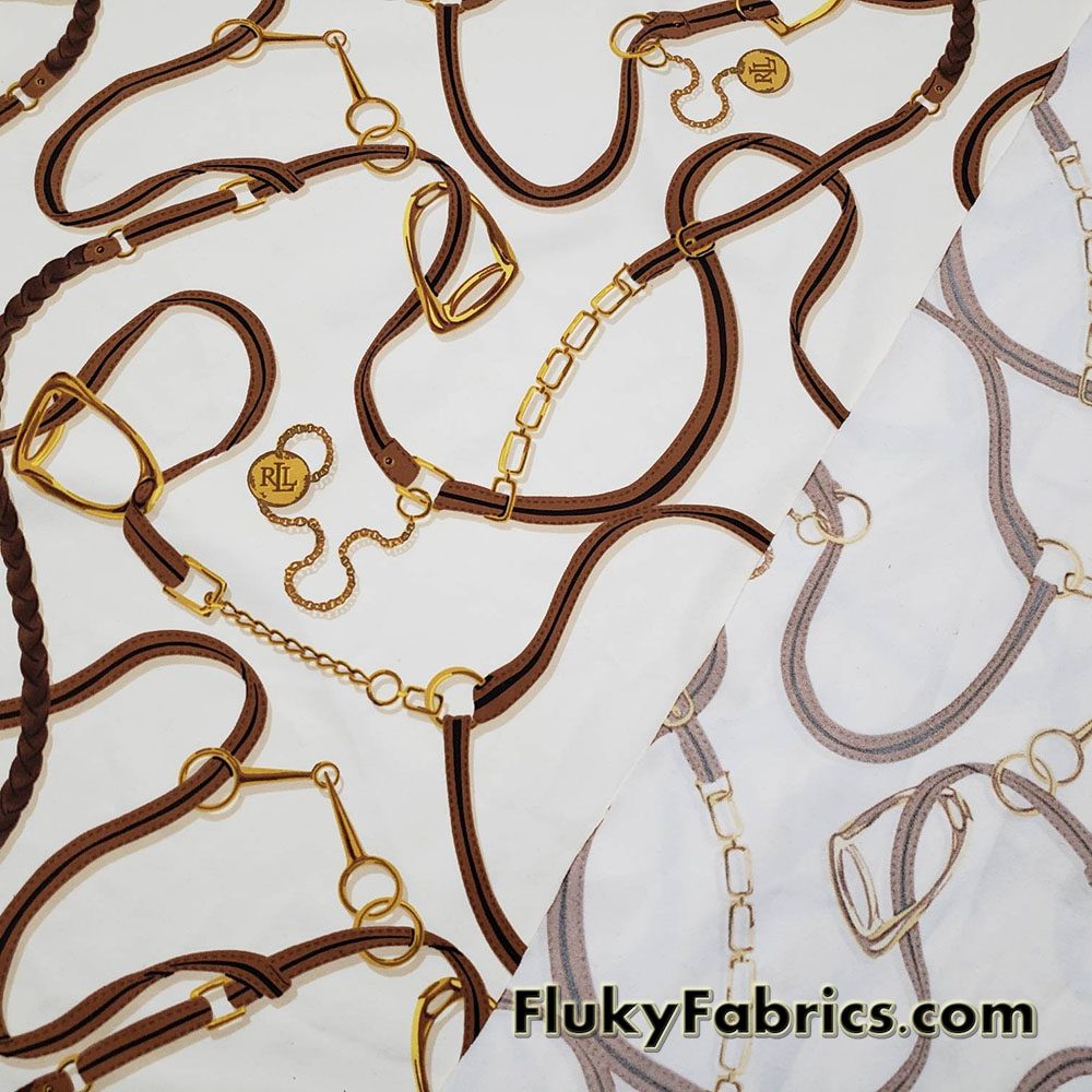 High Fashion Inspired Belts and Chains Print on Ivory Lightweight Nylon Spandex Fabric