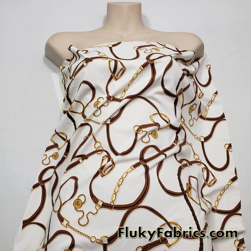 High Fashion Inspired Belts and Chains Print on Ivory Lightweight Nylon Spandex Fabric