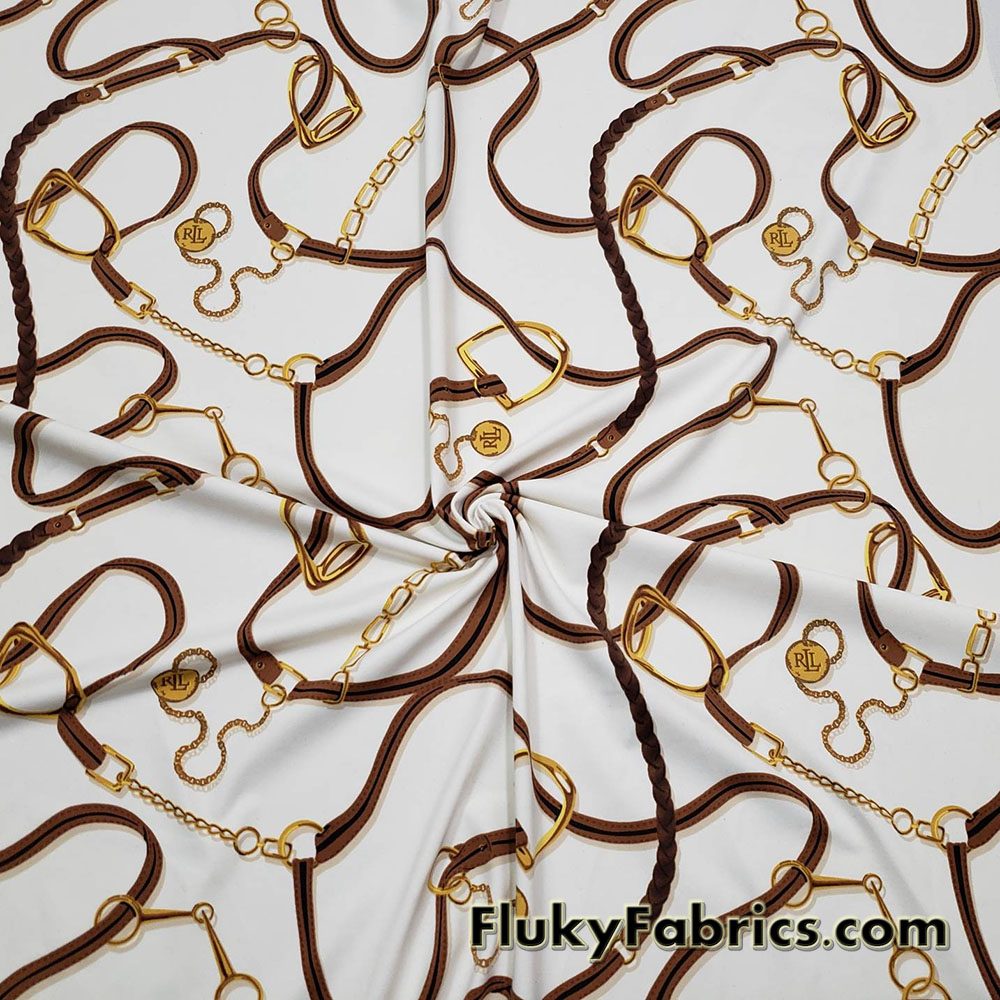 High Fashion Inspired Belts and Chains Print on Ivory Lightweight Nylon Spandex Fabric
