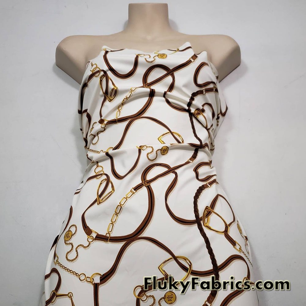 High Fashion Inspired Belts and Chains Print on Ivory Lightweight Nylon Spandex Fabric