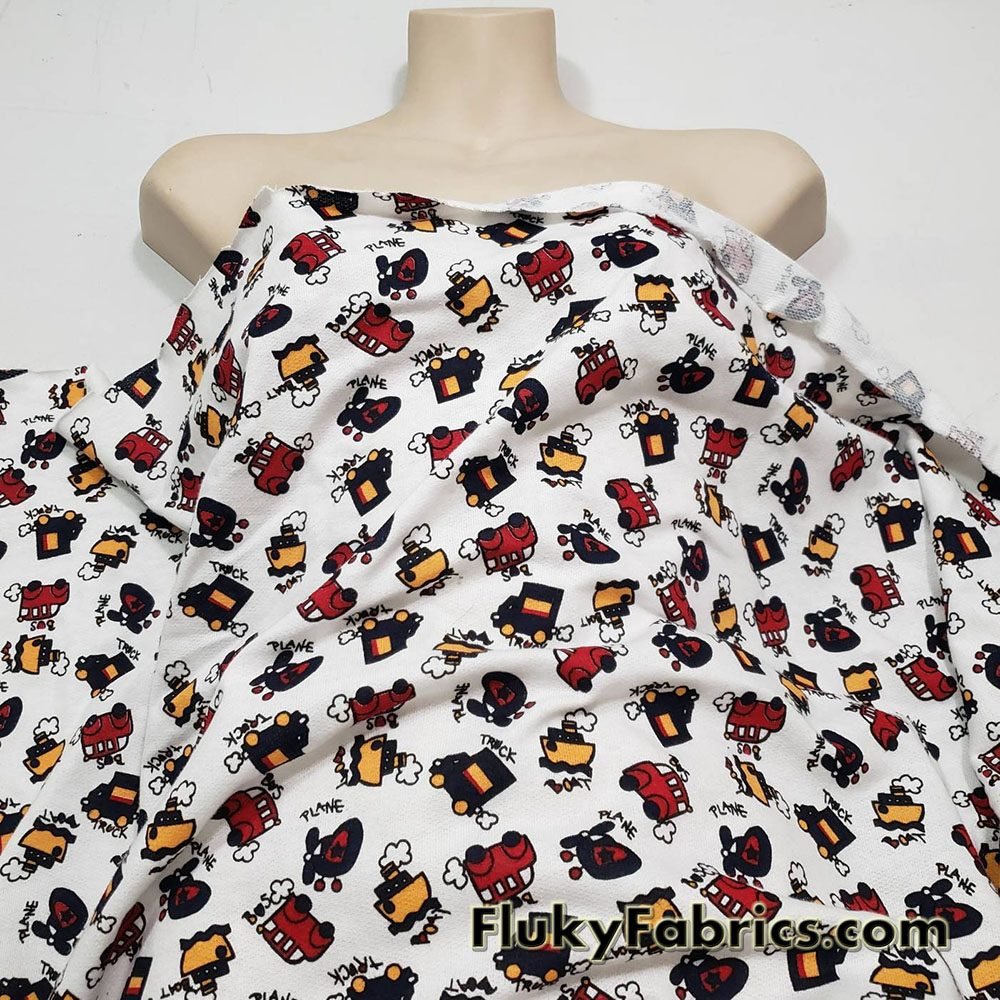 Cute Trucks, Boats, Trains and Planes Print French Terry 100% Cotton Fabric