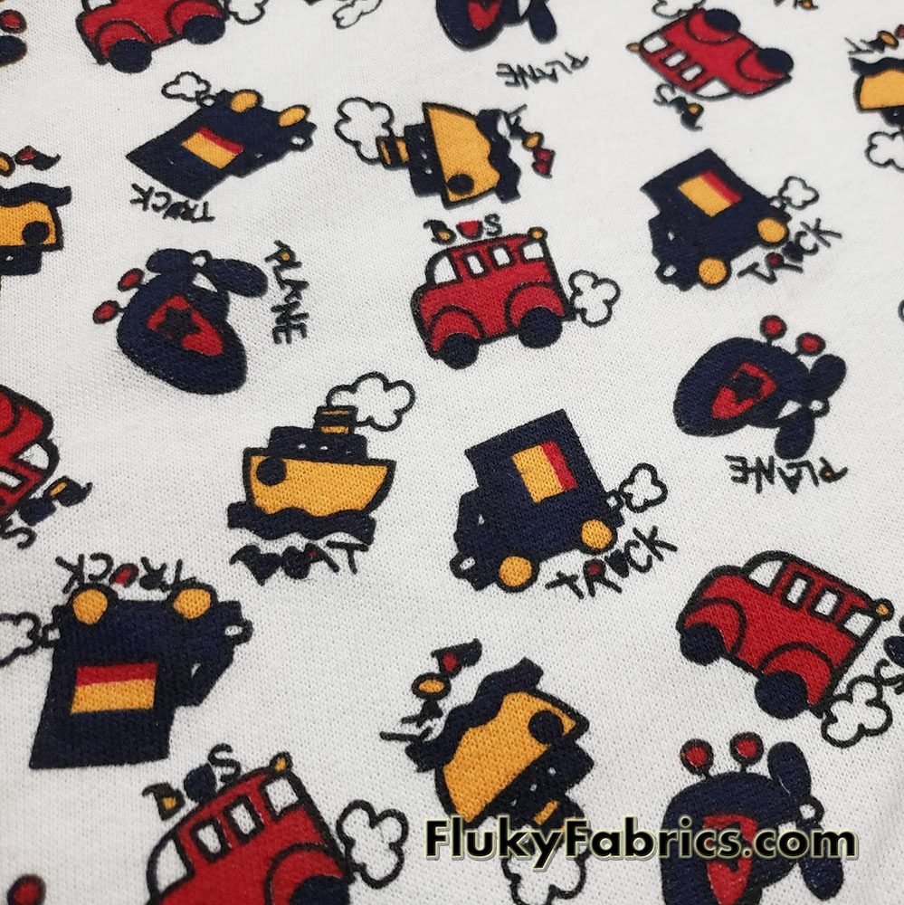 Cute Trucks, Boats, Trains and Planes Print French Terry 100% Cotton Fabric