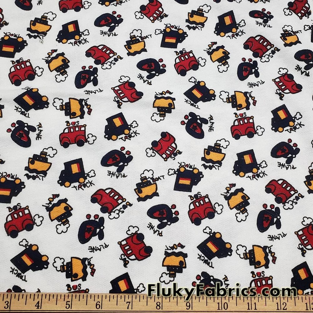 Cute Trucks, Boats, Trains and Planes Print French Terry 100% Cotton Fabric