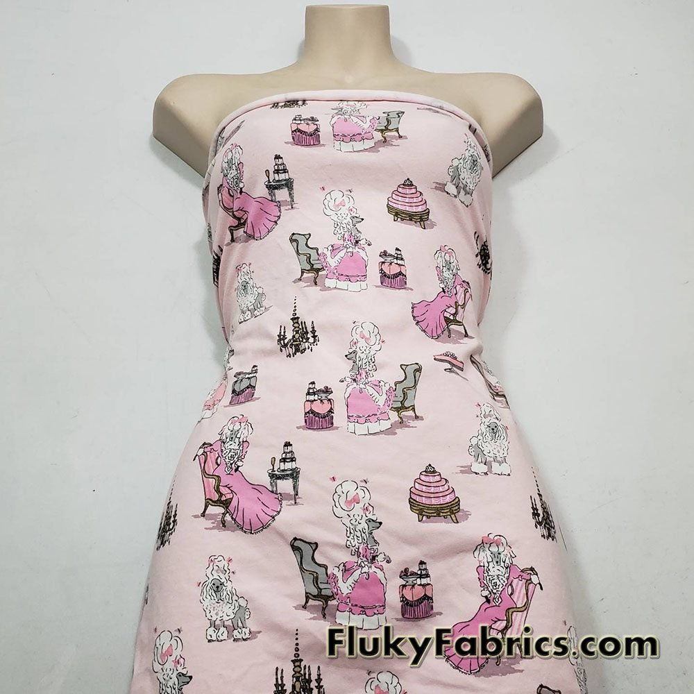 Fancy Fashion French Poodles on Light Pink Cotton Spandex Fabric