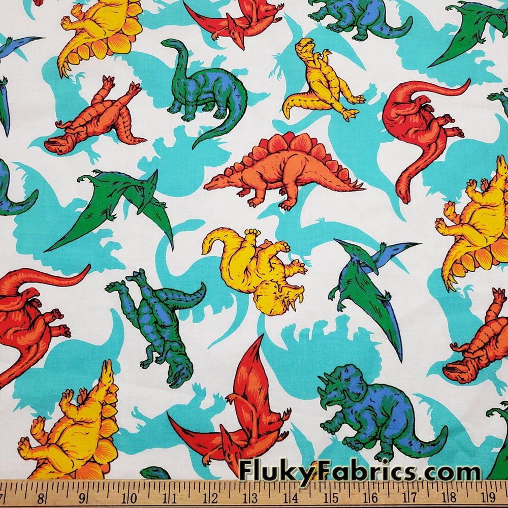 Dinosaur Delight 100% Cotton Woven Fabric – Colorful Dinosaurs on White