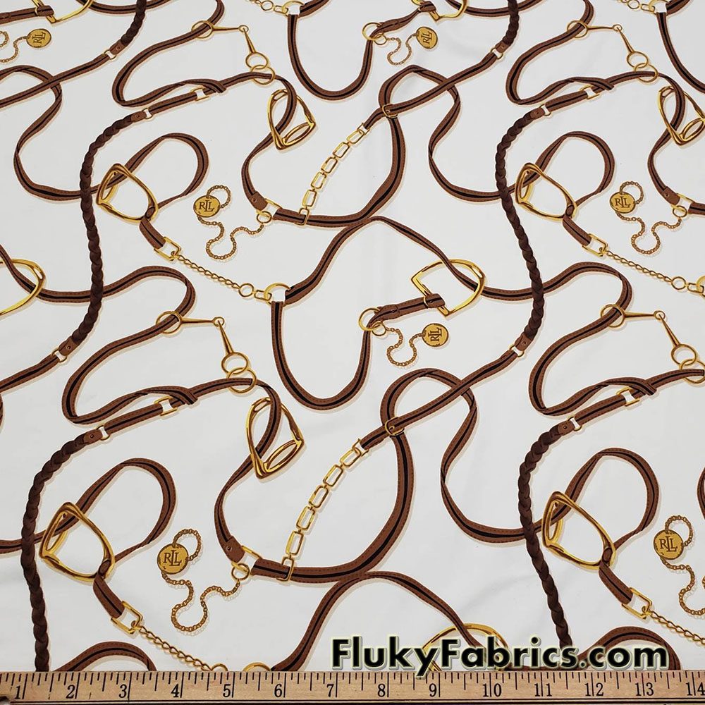 High Fashion Inspired Belts and Chains Print on Ivory Lightweight Nylon Spandex Fabric